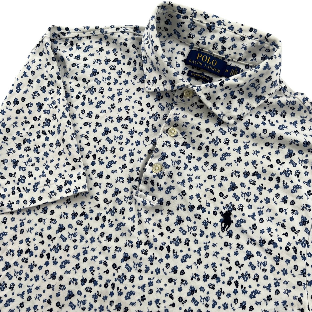 Polo Ralph Lauren Polo Shirt Mens M White Blue Floral Custom Slim Fit Designer